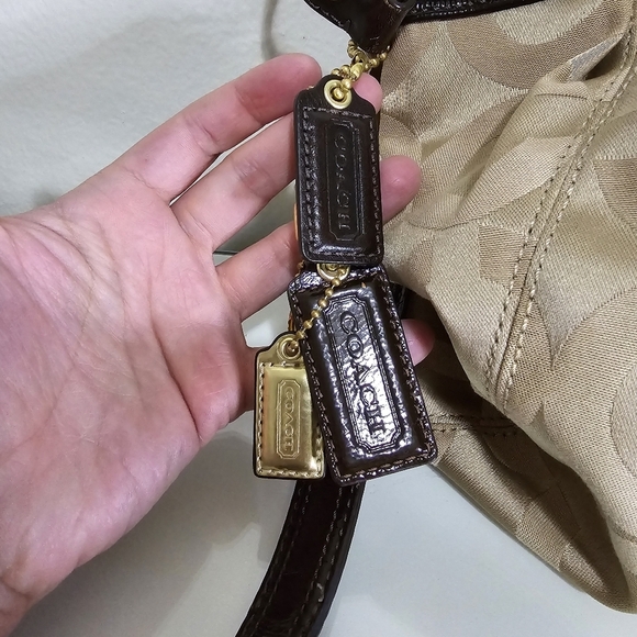 COACH Brown Tan Printed Canvas Patent Leather Top Handle Shoulder Tote Bag - Picture 4 of 16